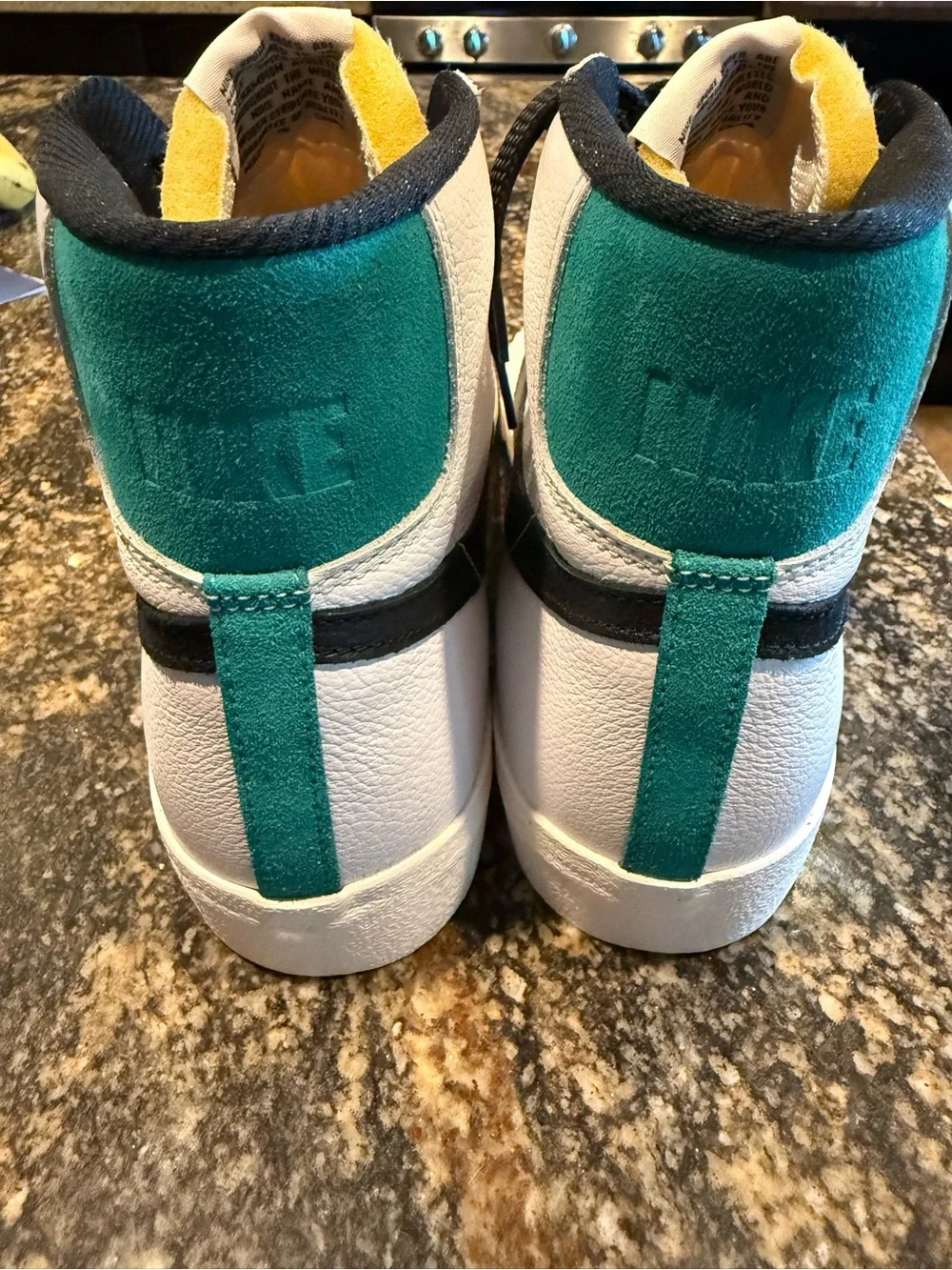 Nike Men's White High-Top Sneakers with Black Swoosh and Green Heel Tab (Custom)